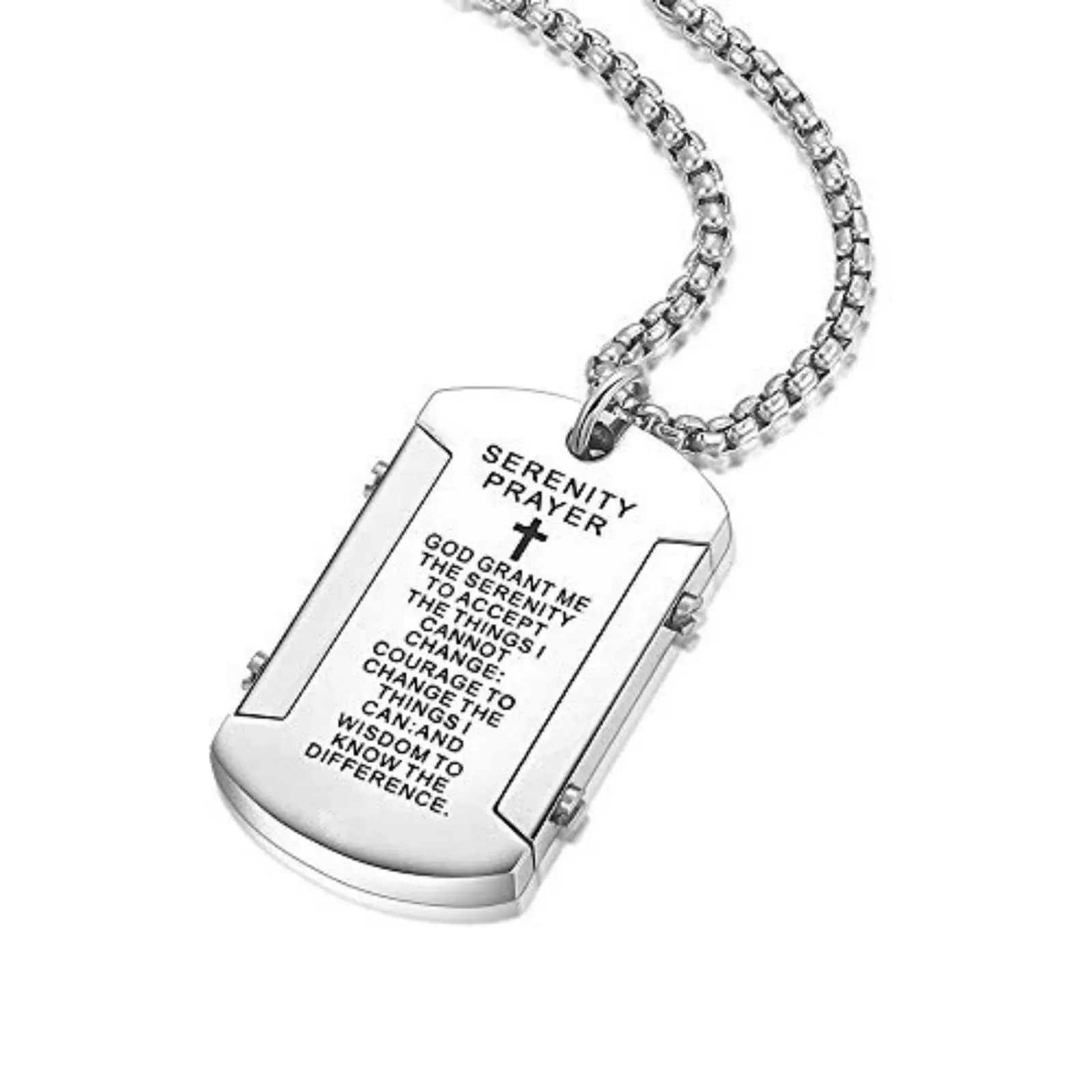 Stainless Steel Cross Necklace for Men, Religious Dog Tag Pendant with Engraved Serenity Prayer Bible Verse, 24-Inch Christian Faith Chain, Crucifix Cross Necklace, Cross Chain Design