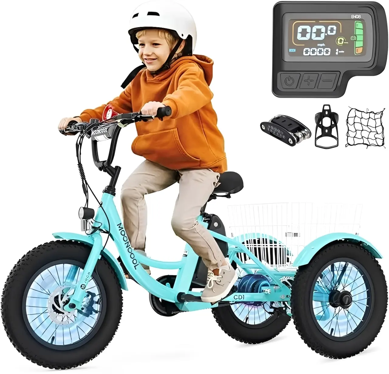 MOONCOOL Electric Tricycle for Youth, 35 Miles 16IN 3.0 Fat Tire Electric Trike, 3 Wheels Electric Bicycle Bikes, 250W Aluminum Frame Electric Tricycle Etrike with Removable Battery and Basket