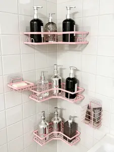 Caddy Shower Storage 5-Piece Set Self-Adhesive Stainless Steel Shelf No Drilling Rust-Resistant Large Capacity Hollow Round Design Pink Shampoo Body Wash Basket Bathroom Decor Accessories pink bathroom Rustproof Stick-On Rust-Proof Rack rust-resistant dec