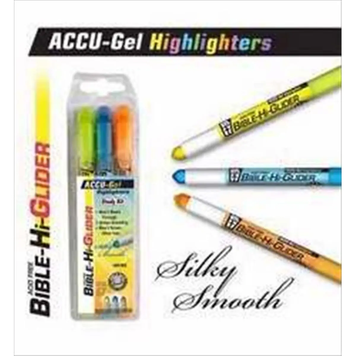 G T Luscombe Accu Gel Bible Hi Glider Gel Stick Highlighters - Pack of 3 (Yellow, Blue, Orange) Colored Markers Set, Felt-Tip, Twist Base, Bleed-Free, Solid Ink, Long-Lasting Office Stationery for Book Marking