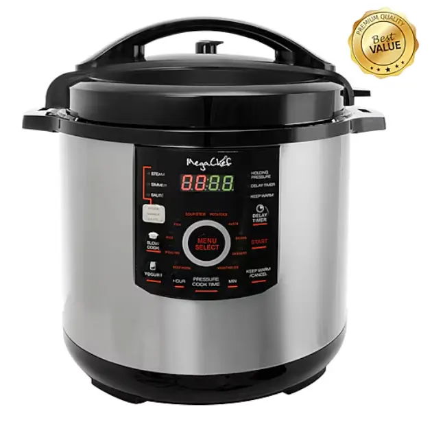 MegaChef 12 Qt Digital Multi-Cooker - Electric Pressure Unit with Stainless Steel Pot, Food Steamer, Rice Maker, Slow Cook Function, Family-Sized Kitchen Appliance, Fast Cooking & Easy Clean Design
