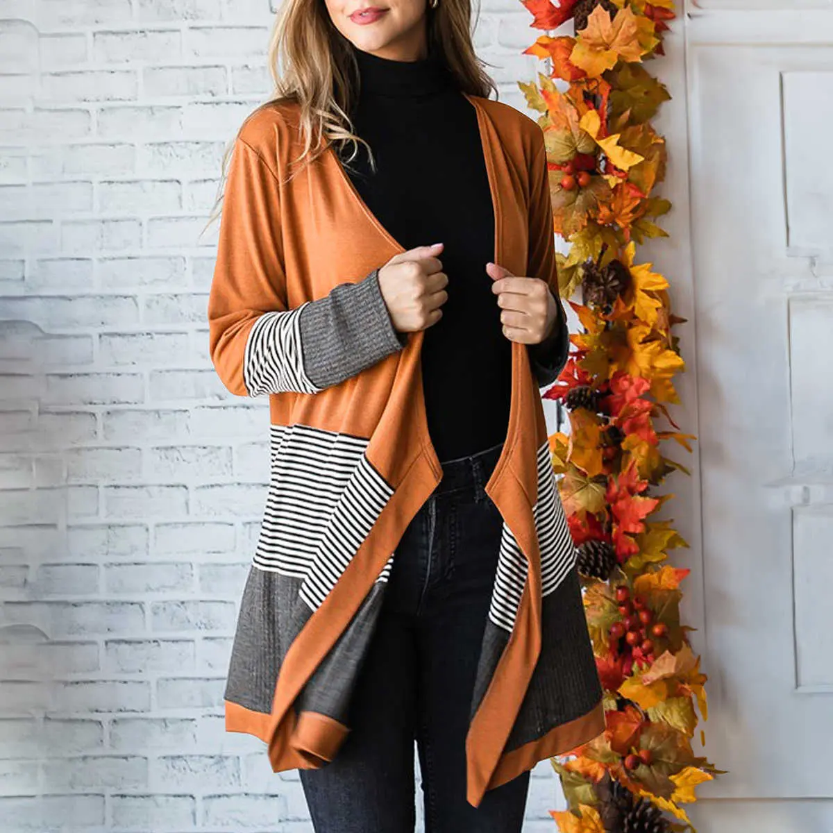 Orange Colorblock Striped Patchwork Open Cardigan