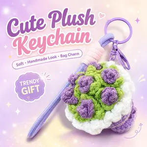 Cute Plush Flower Keychain, Soft Crochet-Style Purple Flower Bag Charm with Wrist Strap, Kawaii Plush Key Ring for Backpack Purse Car Keys, Lightweight Decorative Gift for Girls Women
