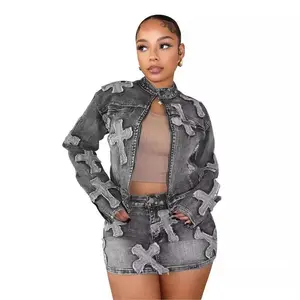 Women’s 2-Piece Denim Set – Sexy Long-Sleeve Zip-Up Denim Jacket with Bodycon Mini Skirt