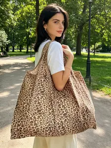 1pc Large Capacity Leopard Print Tote Bag with Internal Pockets - Portable, Lightweight, Foldable Shoulder Bag for Shopping, Camping, and Travel, Nylon Material, Camping Gear Bag|Leopard Print Tote|Durable Handle Bag, Large Tote Bag