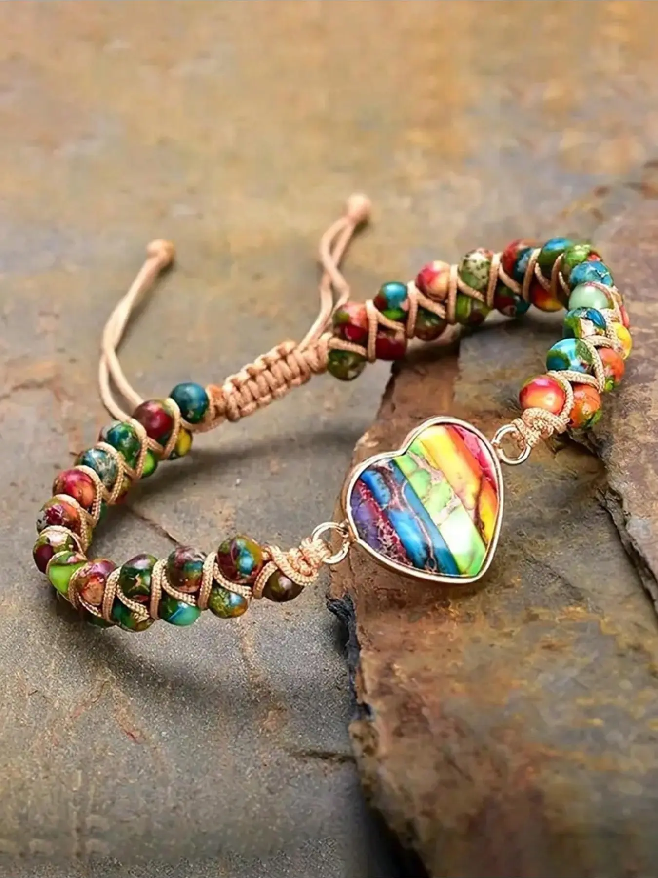 Bohemian Style Heart-shaped Natural Stone Handmade Bead Adjustable Twisted Bracelet for Men and Women, Beaded Bracelets, Retro Casual Versatile Bracelet, Boho Stone Bracelet