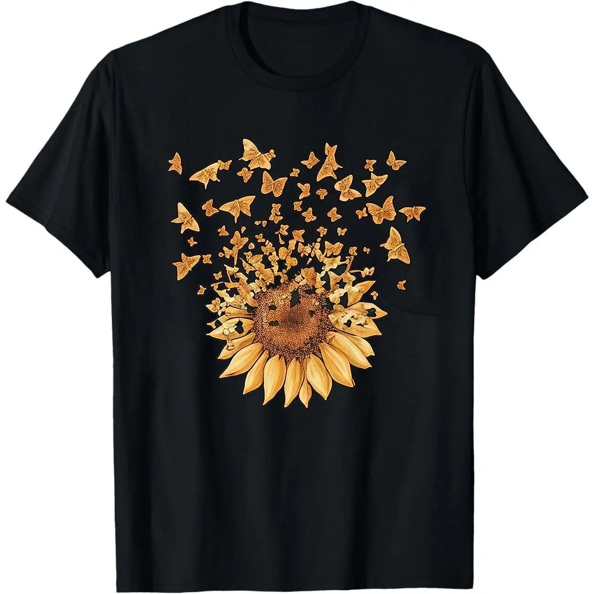 Women's Casual Shortsleeve Cotton T-Shirt - Sunflower Butterfly Graphic, Soft Round Neck, Seamless Design, Mother's Day Gift, All Seasons, Lightweight Foldable, Butterfly Print, Sunflower Graphic, Custom Made, Machine Washable, Solid, Fabric