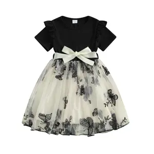 Girls Tulle Dress Short Sleeve Round Neck Floral Embroidery Belted Dress Kids Party Dress