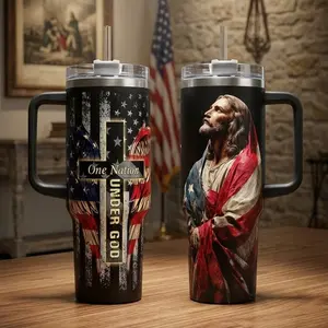 One Nation Under God Jesus 40oz Tumbler with Handle | Patriotic American Flag Wings Custom Cup 20oz No Handle | Vintage Christian Faith Insulated Mug | Religious Spiritual Gift | Cup Holder Friendly