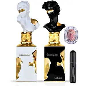 Lattafa His & Her Confession Eau de Parfum Sprays 100ml Bundle - Mandarin, Cinnamon, Lavender, Iris, Cypress, Vanilla, Tonka Beans, Cedarwood, Incense, Amber - Long-Lasting EDP for Women with 5ML Refillable Bottle & Scented Card