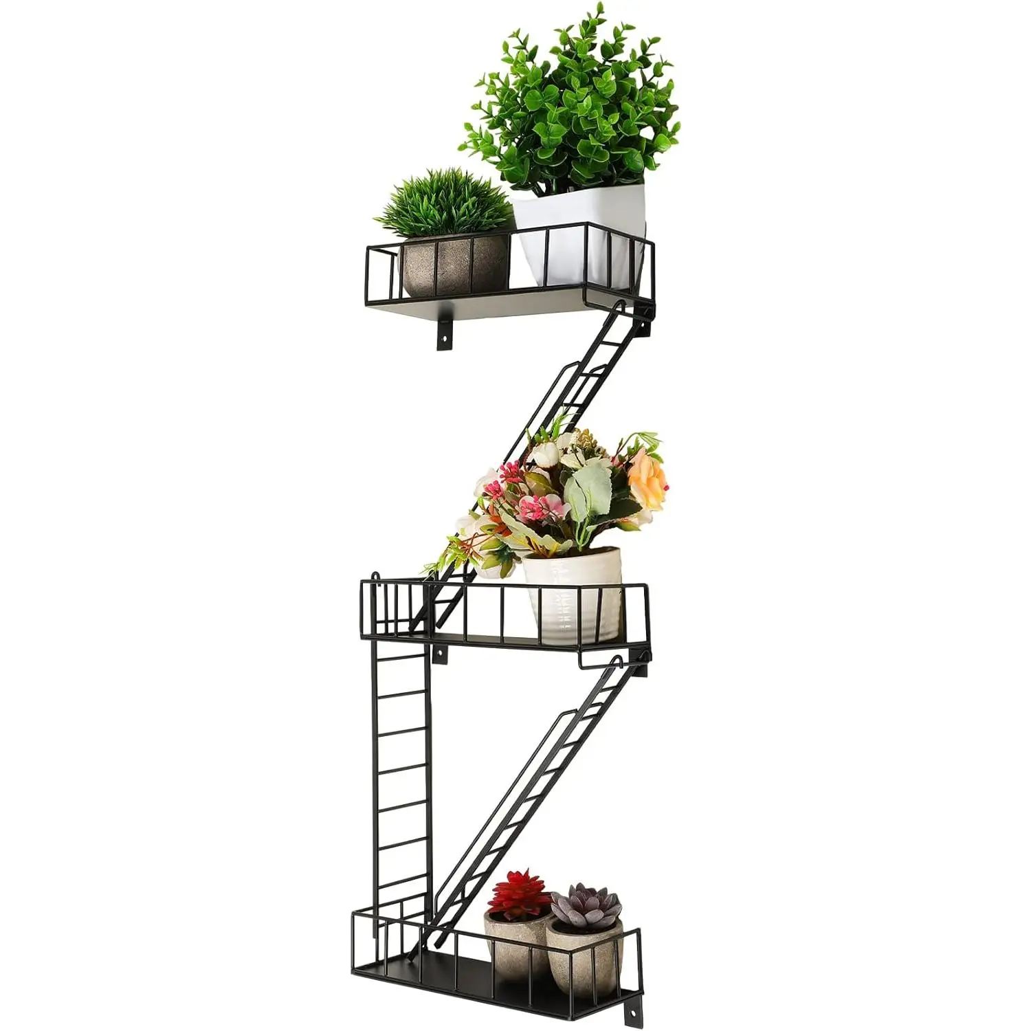 Zonon Fire Escape Wall Shelf Hanging Metal Ladder Shelves Wall Decor Cool Bookshelf Organizer Floating Shelves Action Figure Shelf for Home Bedroom Storage Display(Black,3 Tier)