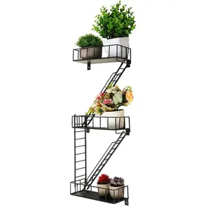 Zonon Fire Escape Wall Shelf Hanging Metal Ladder Shelves Wall Decor Cool Bookshelf Organizer Floating Shelves Action Figure Shelf for Home Bedroom Storage Display(Black,3 Tier)