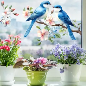 Reusable Blue Bird and Flower Window Stickers, Removable Natural Style Glass Decals, Spring Home Decor, European Style Ornament