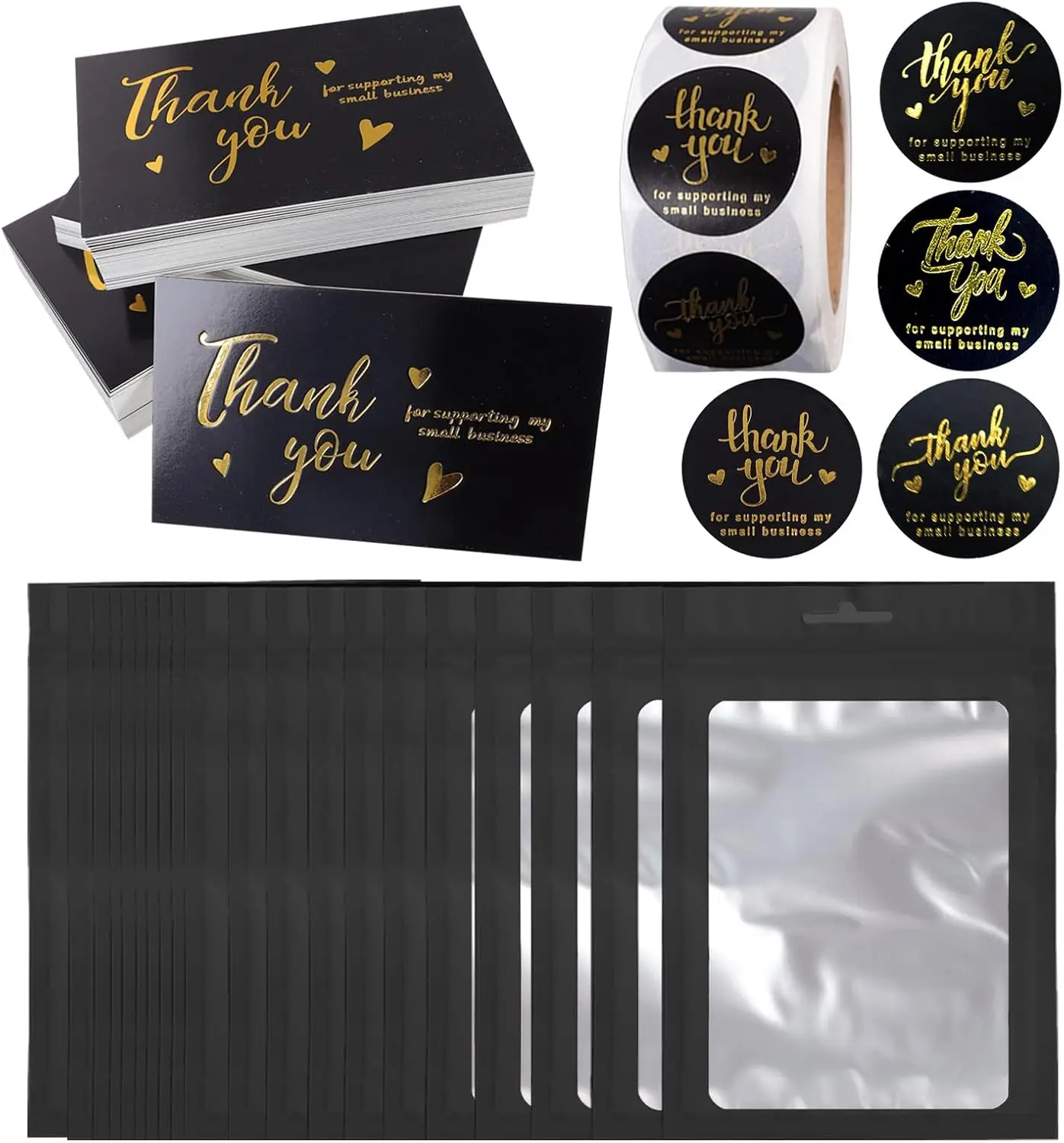 620 count Thank You Business Cards Stickers Set  Foil Include 100 Thank You Business Card 500 Thank You for Supporting My Small Business Stickers 20 Resealable Packaging Bags Owners (Black)