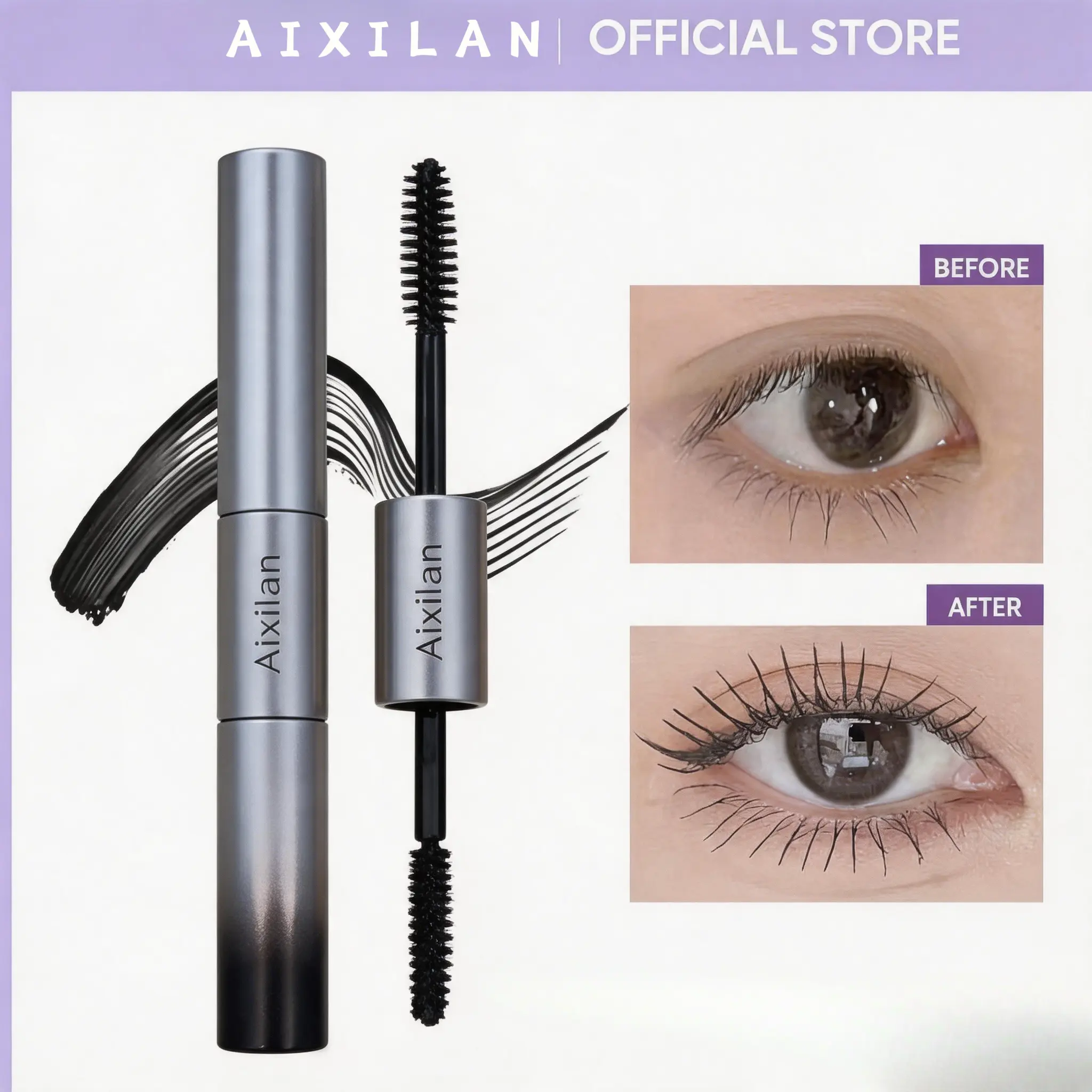 AX AIXILAN 2-in-1 Mascara Duo Makeup Product - Long-Lasting Black Lash Care Mascara, Smooth, Brightening, Youth-Enhancing, Extreme Length, Volume, Curl, Waterproof, Smudge-Proof Lash Enhancer, Makeup Products, Black Mascara