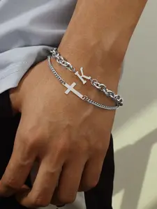 Men's Fashion Letter & Cross Design Bracelet, Casual Trendy Stainless Steel Chain Bracelet, Fashion Accessories for Daily Wear