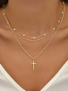 Golden Layered Pearl Cross Necklace — Exquisite Multi-Tiered Cultured Pearl Necklace for Women, Dainty Pearl Necklace, Halloween and Christmas Gift, Everyday Layered Fashion Accessory, Pearl Chain Necklace, String of Pearls
