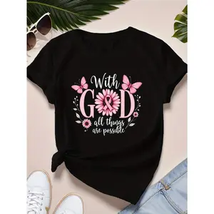 "with God All Things Are Possible" Women's T-Shirt - Inspirational Quote with Floral & Butterfly Design, Casual Short Sleeve, Round Neck, Cotton, Machine Washable, Casual Wear|Round Neck Top