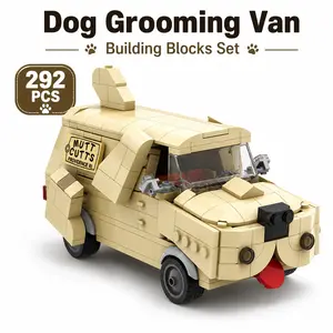 Dog Grooming Van Building Blocks Set, 292 PCS Cartoon Dog Car Vehicle Brick Model, DIY Retro Van Toy, Creative Desk Decor Gift for Teens Adults