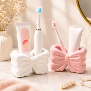 Resin Toothbrush Holder - Cute Bow-Design Bathroom Countertop Storage, Bathroom Accessories for Makeup Brushes and Pens, Ideal Gift for Couples