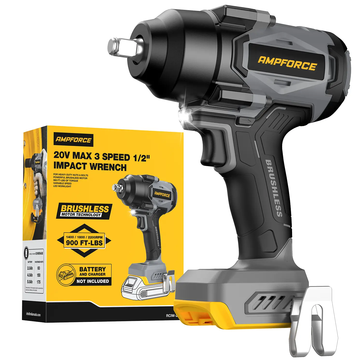 High Torque Cordless Impact Wrench, 900 Ft-lbs Heavy Duty Power Tool, 1/2-Inch Compatible with DeWALT 20V (Hardware Cordless, Tool Only - No Battery Included)
