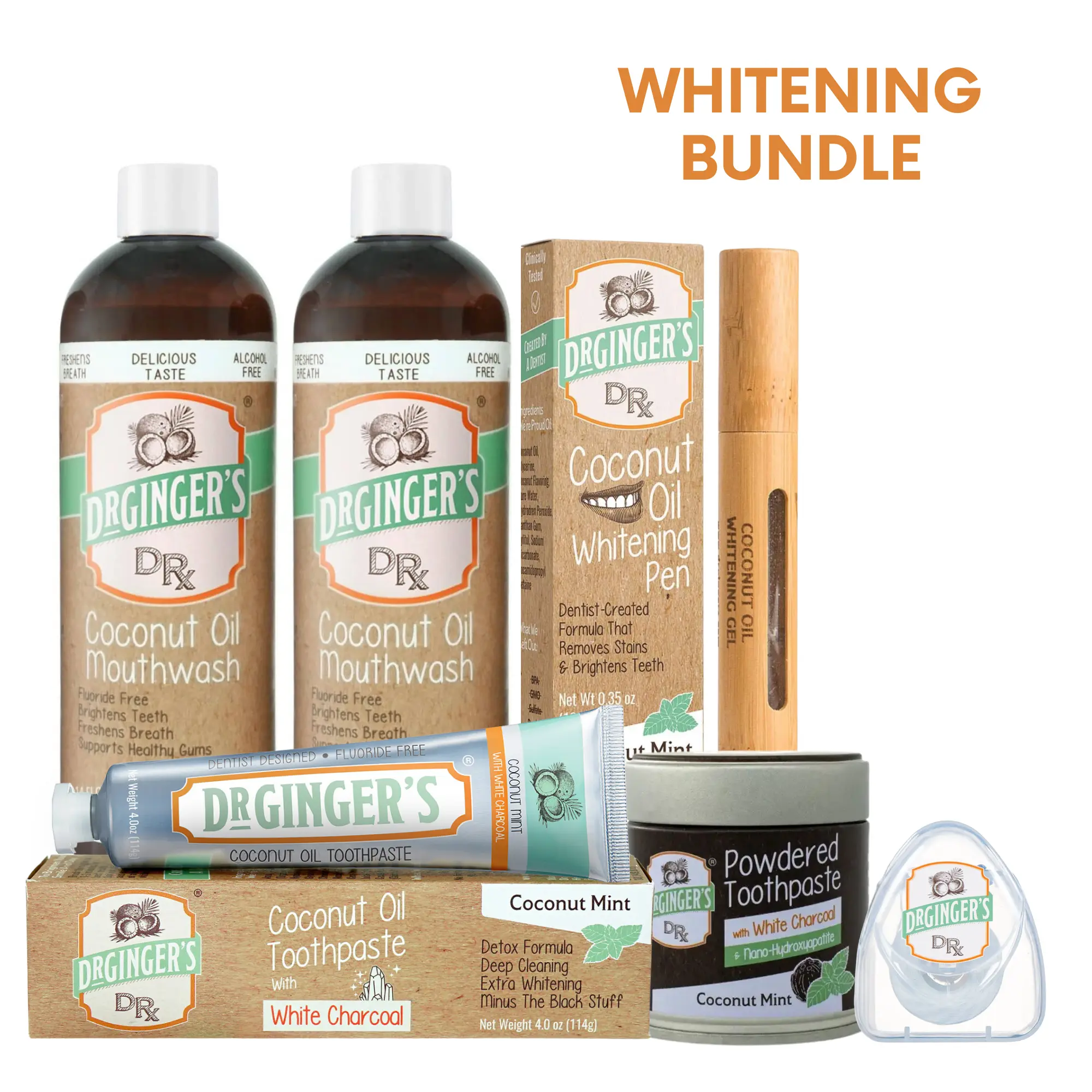 Dr Ginger's Teeth Whitening Complete Bundle | Coconut Powered Teeth Whitening, Organic Coconut Oil, Gentle Formula, Oral Kit for Brighter Whiter Smile, Daily Use, Great for Sensitive Teeth