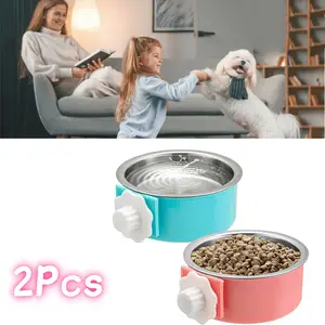 2 Pieces Crate Dog Bowl, Removable Stainless Steel Pet Kennel Hanging Food Water Feeder Bowl Cage Coop Cup for Puppy Medium Dog Cat Rabbit Ferret Bird (Blue,Red)