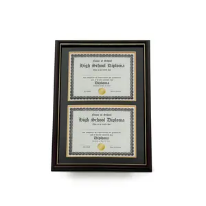 Real Wood Double Diploma Frame - Fits 8.5" x 11" Certificates, Glossy Cherry Finish with Gold Trim