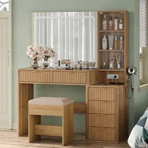 FUSOU 43.3" Fluted Vanity Desk with 3-Color LED Mirror,Makeup Vanity with Glass Top & Glass Door, 6-Drawer Wood Vanity with Charging Station, Includes Vanity Stool, Natural Oak