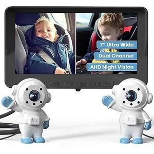 GROWNSY Baby Car Camera for 2 Kids, 7" Ultra AHD Night Vision with 2 Cartoon Cameras Backseat Mirror for Baby Safe Rear Facing Rides Infrared Night Vision 1080p Display Tool-Free Setup