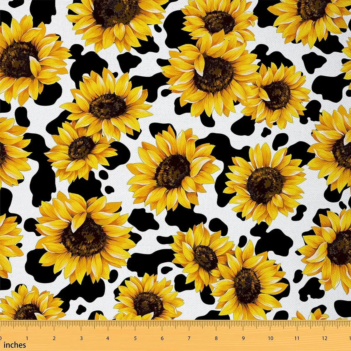 Feelyou Unique Cow Print Upholstery Fabric - 2 Yd Sunflower Design Floral Pattern for Chairs, Curtains, Black White Farmhorse Blossom Outdoor Fabric by the Yd, Fabric For Curtains, Patterned Fabric Fabric