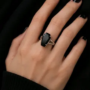 Black Onyx Coffin Ring, Sterling Silver Plated Band, Sizes 6-10, Natural Stone, Goth/Alt/Witchy Aesthetic, Natural Crystal Gemstone Ring