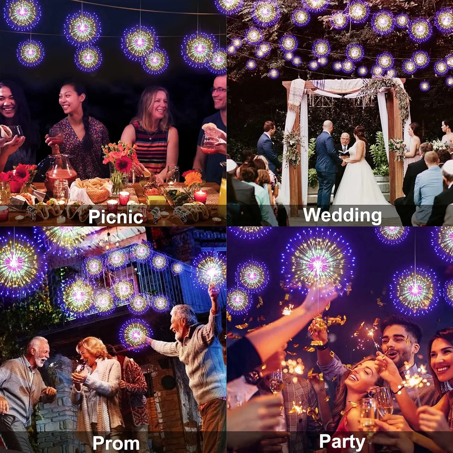 DenicMic 4-Pack Contemporary Plastic Firework Starburst LED Lights - Battery-Operated, 8 Modes, Remote-Controlled Chandelier Star Lights for Hanging Ceiling Decoration, Bedroom, Christmas