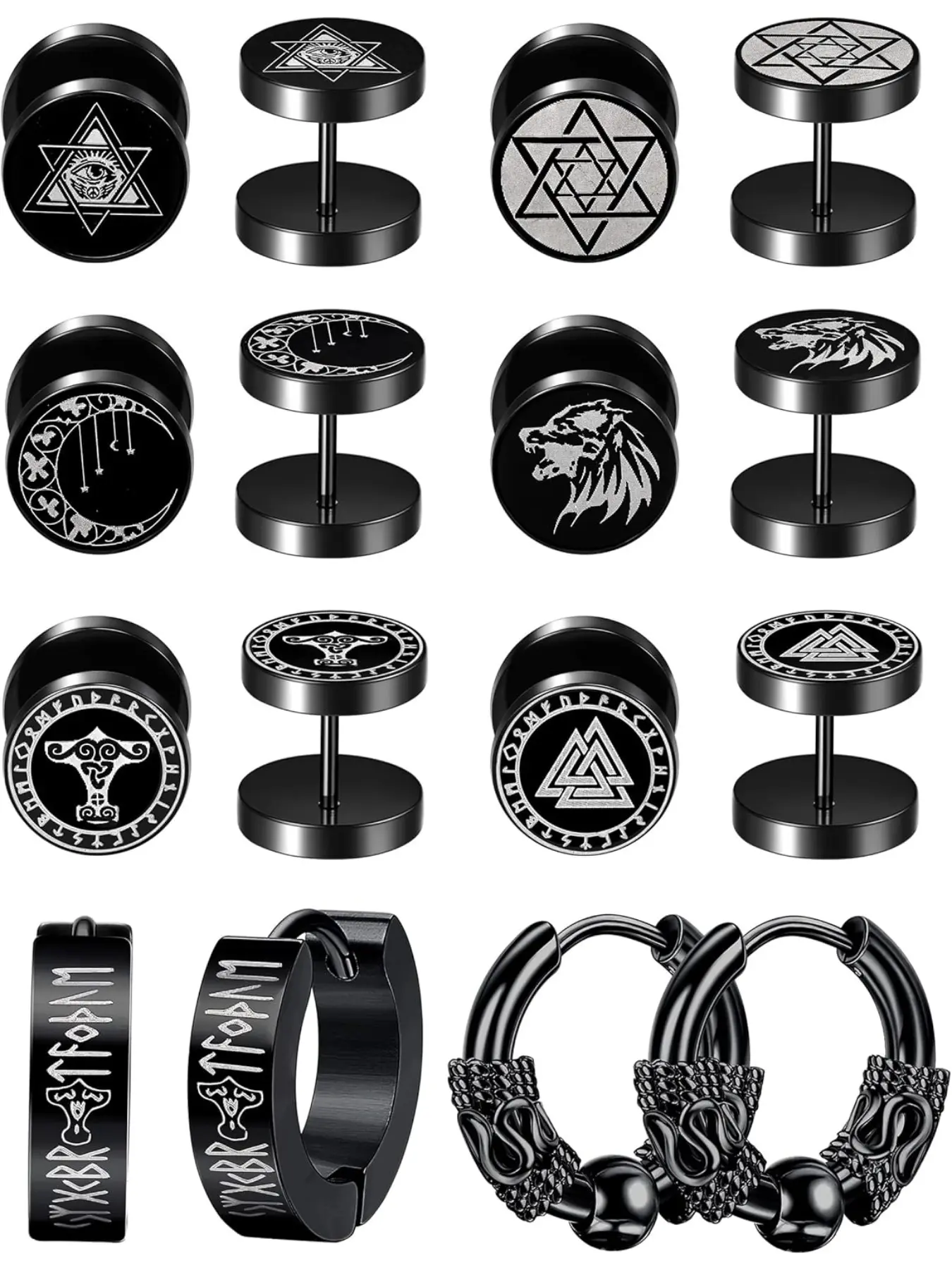 8 Pairs Mens Earrings Studs Stainless Steel Hoops Viking Hoop Earring Sets Fake Gauges Earrings Classic Black Stud Earrings Norse Viking Jewellery Hoop Jewelry Earring Pack