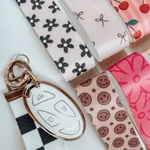 Stylish Wrist Keychain Lanyard 1.5" Key Fob Wristlet with Trendy Fun Patterns Bronze Hardware Car Key Holder Aesthetic Key Accessories Playful Designs Cherries Florals Checkers Bows