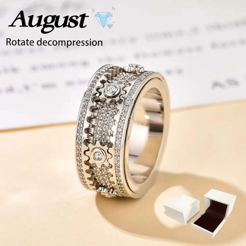 8mm Cubic Zirconia Unisex Rotating Double Gear Decompression Ring, Multi-Size Artificial Gemstone Jewelry, Trendy Engagement Ring, Engagement Rings