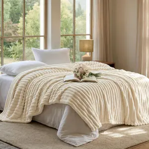 Raybee Cozy Soft Blanket Queen Size - Faux Rabbit Fur Striped Throw Blankets for Couch, Travel,Office,Courtyard,Home Bedroom Decor Plush Outdoorfun,Flannel Throw Blanket,Perfect Gift Ideal
