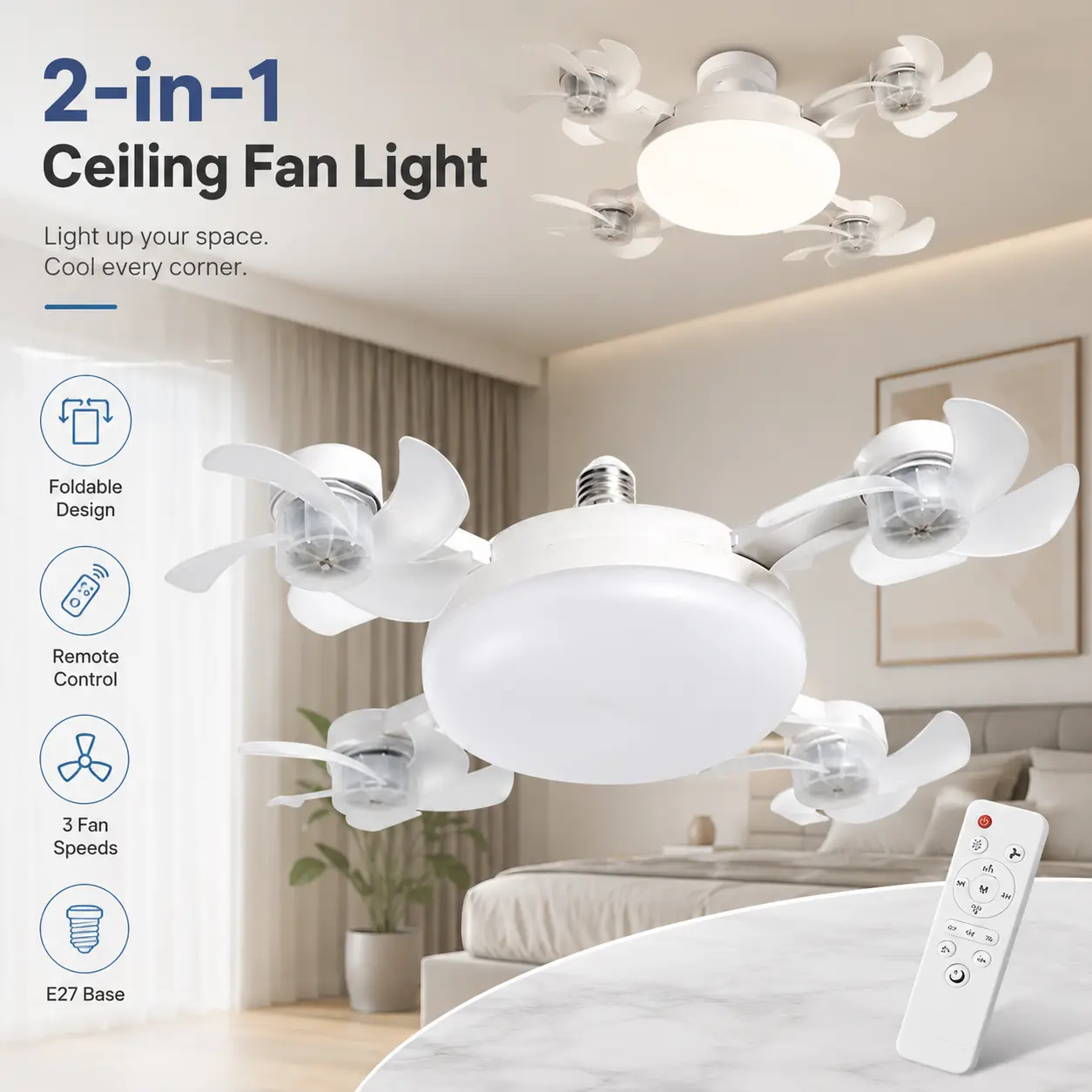 2-in-1 Ceiling Fan Light with Remote Control, Foldable E27 Base LED Fixture, 3 Speeds & Adjustable Lighting for Bedroom, Living Room Home Appliance