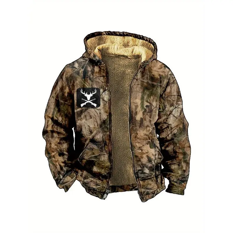 Men's Fleece-Lined Camo Jacket with Full-Zip Closure & Hood Camouflage Leaf Print Winter Coat Regular Fit Machine-Washable Polyester Outerwear for Autumn Winter Hunting Clothing Casual Style Heat Transfer Print Menswear Tops