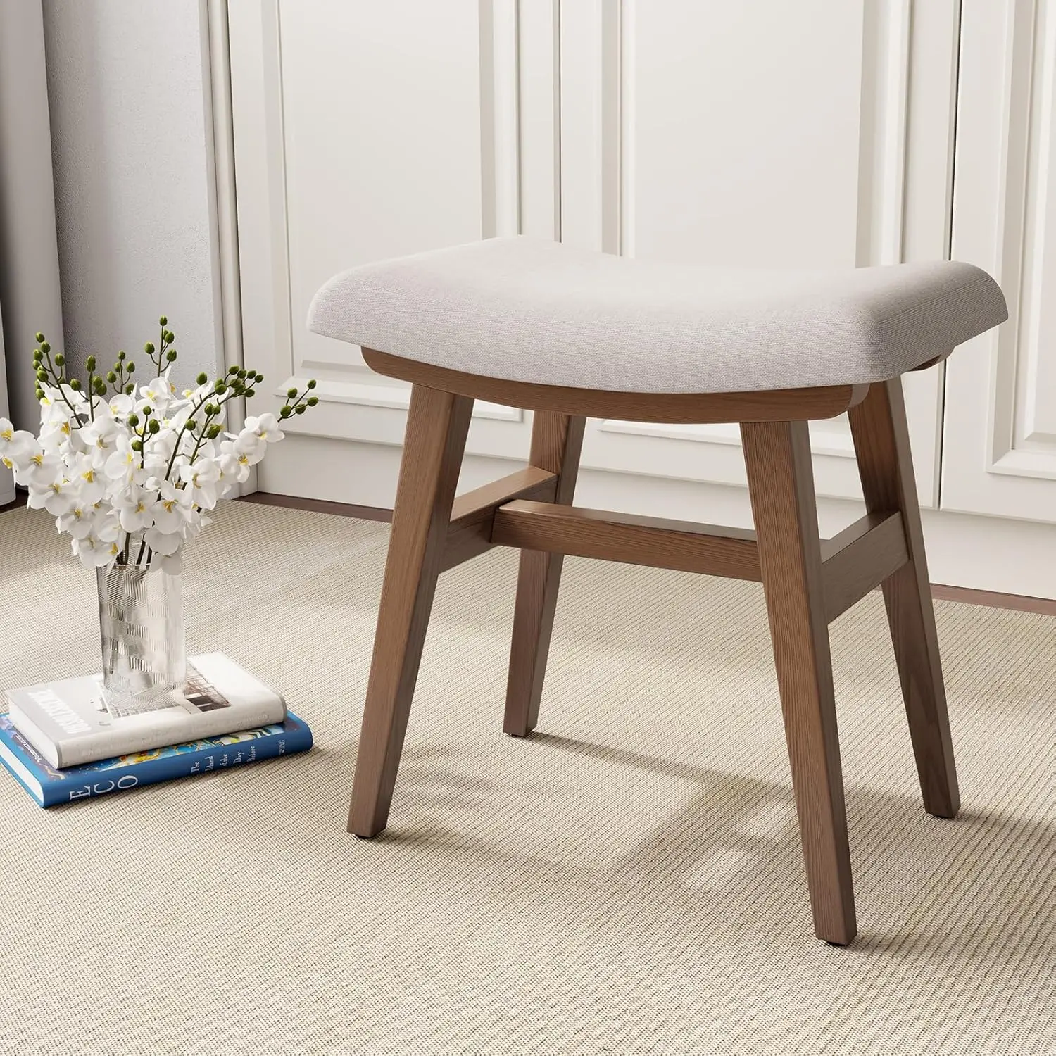 Solid Wood Vanity Stool, Saddle Cushion Vanity Bench with High-Strength Rebound Sponge, Easily Assembly, Vanity Chair, Foot Stool, Makeup Stool for Bedroom, Entryway