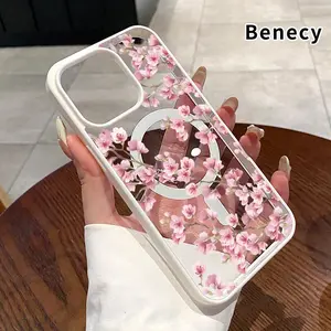 Compatible for iPhone 17 16 E Pro Max 15 Plus 14 13 12 11 Air Blossoming Cherry Dreams Pattern Shockproof Non-Yellowing Crystal Transparent Acrylic Soft Case Supports Wireless Charging.