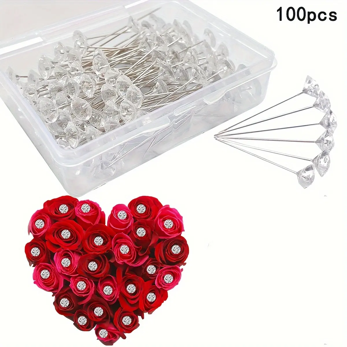 100pcs/box Crystal Stone Decorative Head Pin, Transparent Gemstone Shape Positioning Pin For DIY Valentine's Day, Wedding, Bouquet, Bridal Hair Accessories, Jewelry, Hand Sewing Supplies, Sewing Supplies Crafts, Crafting Sewing Tools, Sewing Pins