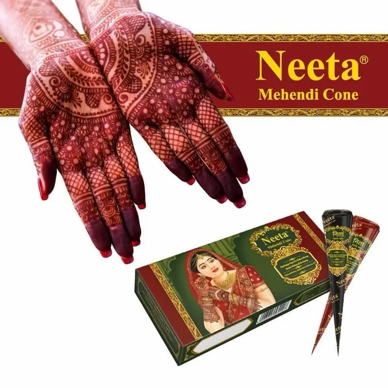 Neeta 4-Pack 100% Natural Henna Paste Cones, Cosmetic Reddish Brown Tubes, Henna Tattoo Kit with Safe Ingredients, Longlasting Vegan Safe Cruelty-Free for Women’s Spot Hair Coloring