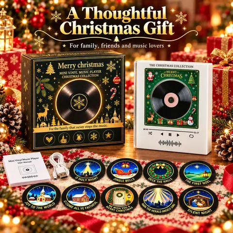 Christmas Programmable NFC Vinyl Fridge Magnet MP3 Player, 9 Mini Music Discs, PC-Customizable, USB-Charging Retro Magnetic Music Box, 9 Disks