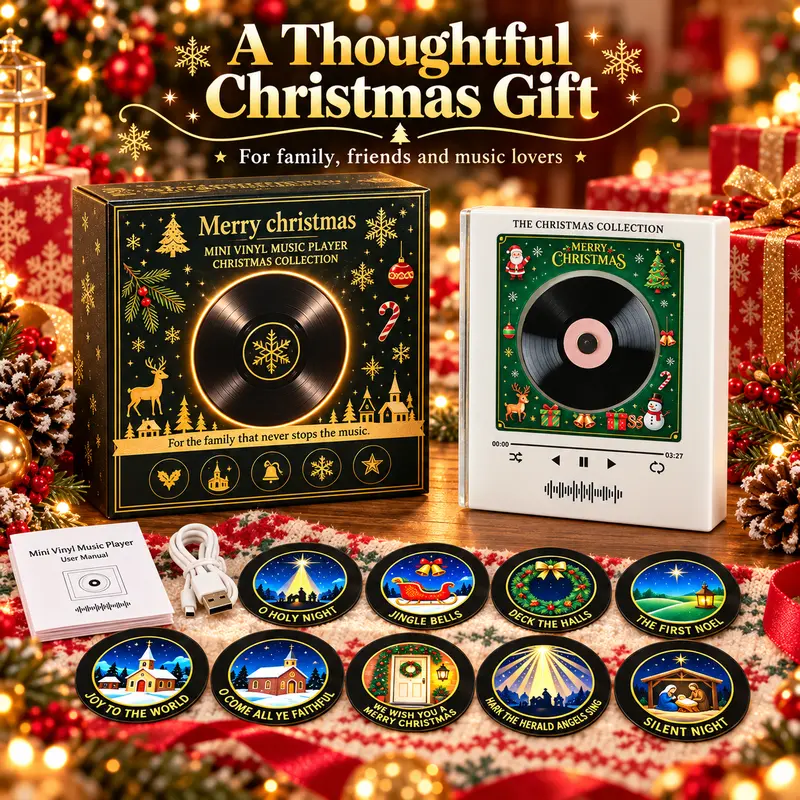 Christmas Programmable NFC Vinyl Fridge Magnet MP3 Player, 9 Mini Music Discs, PC-Customizable, USB-Charging Retro Magnetic Music Box, 9 Disks