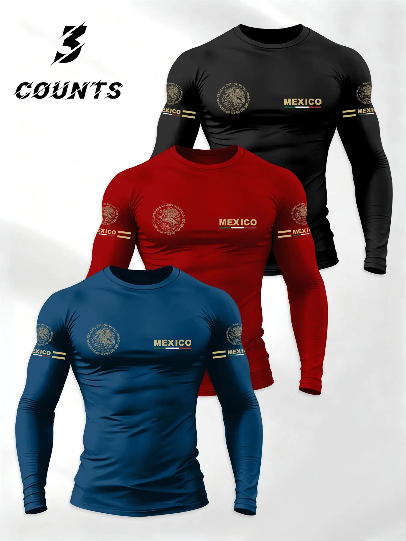 Men's Gold Totem Mexico Long Sleeve T-Shirt Set, Hardcore Fitness Sportswear, Athletic Fashion Activewear, Bottom Golden Label, All Seasons, Athleisure Wear Set