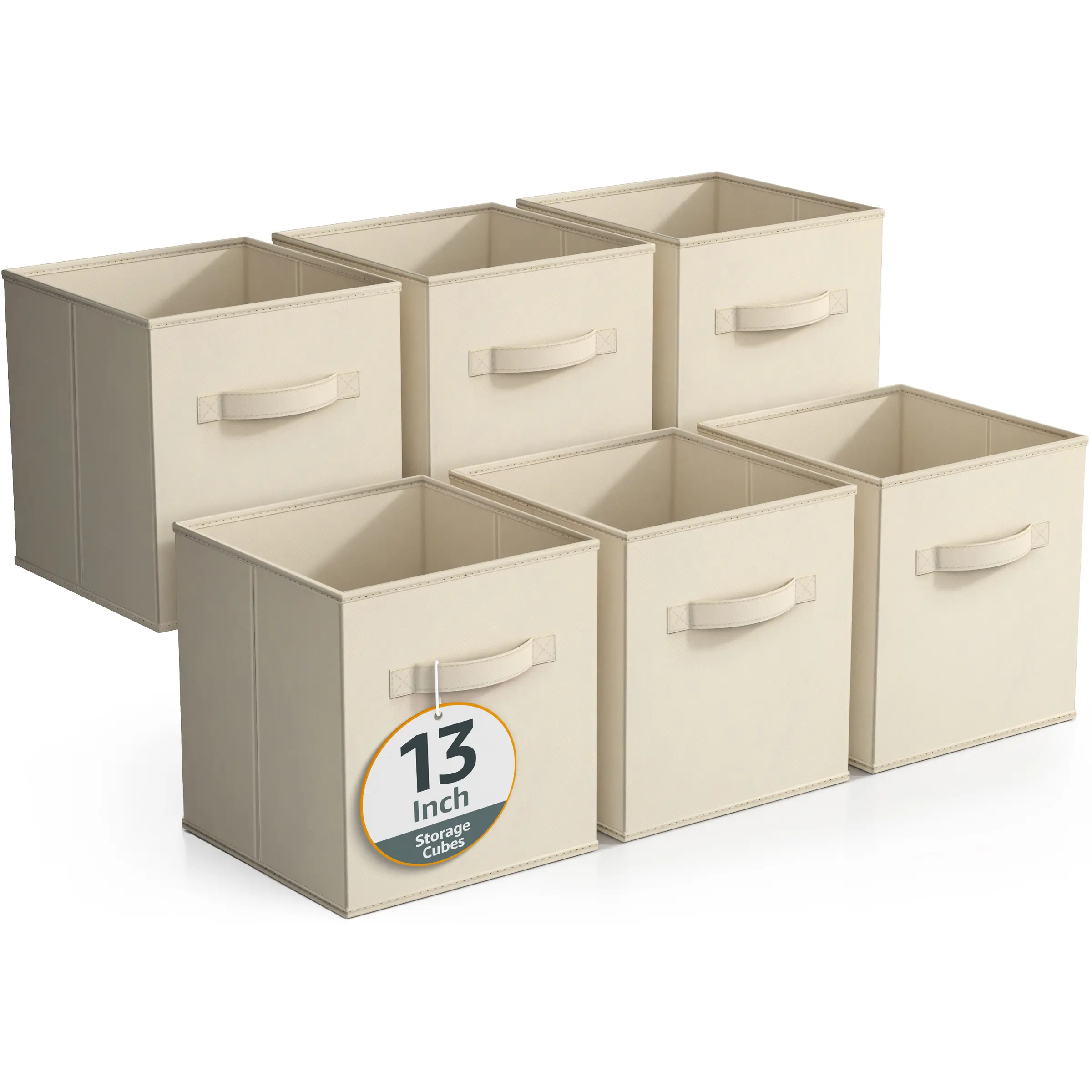 Sorbus Classic Beige 13-in Shelffit Collapsible Cube Storage Boxes - 6 Fabric Foldable Organizer Bins Set with Cardboard Floor, Handles, for Shelves/Desks, Clothes,Nurseries,Jewelry,Household Items Organization