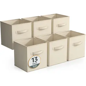 Collapsible Cube Baskets - 6 Fabric 13" Storage Bins for Shelves and Organizers - Boxes Set Household Beige Lightweight Pack
