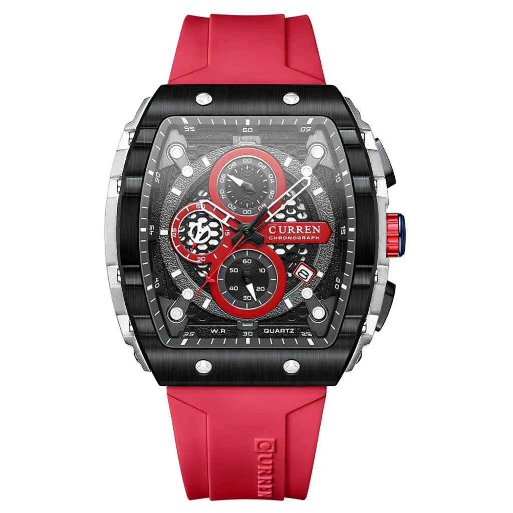 Tonneau Hollow Chronograph Men Watch, Waterproof Silicone Strap Sports Quartz Wristwatch