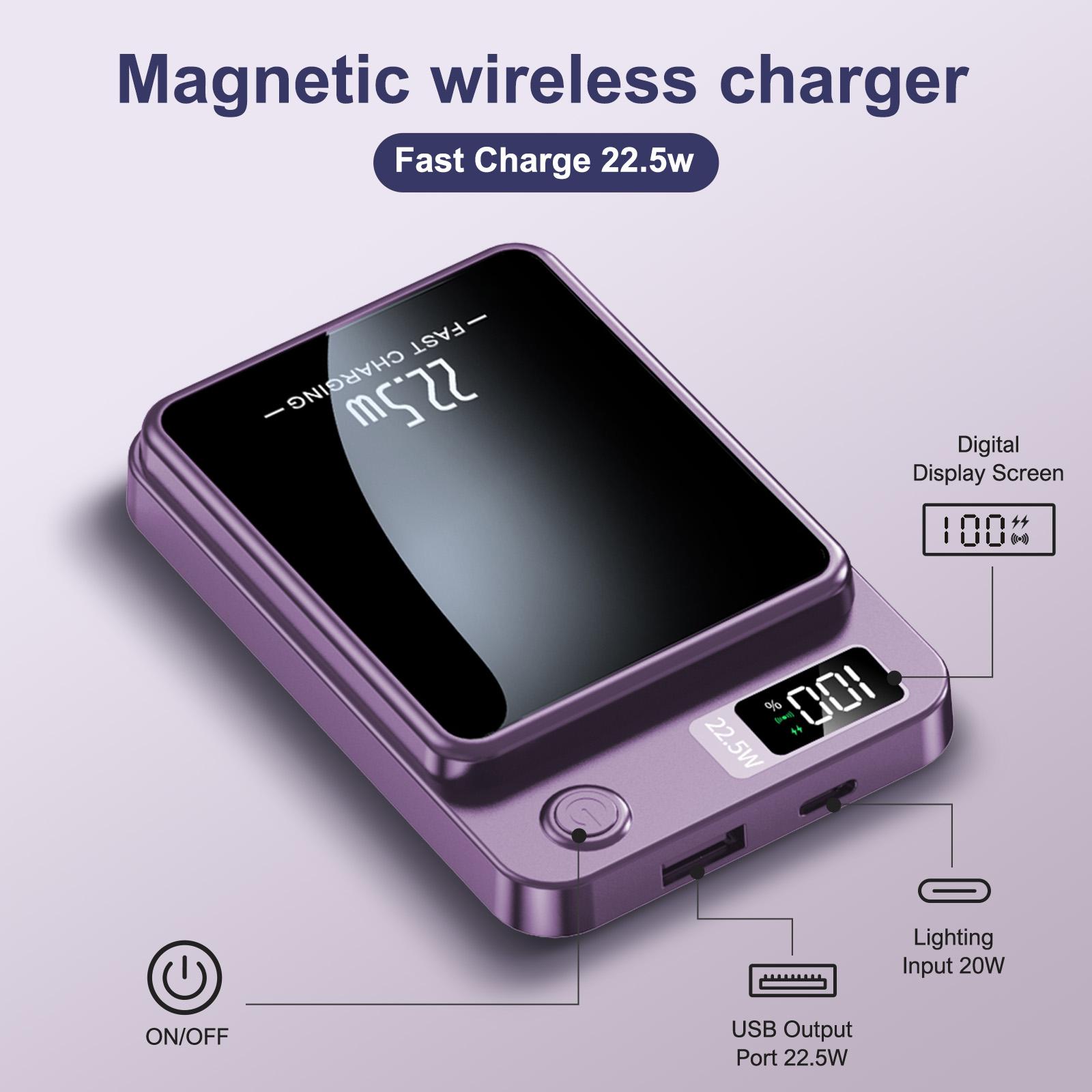 Digital Power Display 10000 mAh Wireless Magnetic Power Bank for iPhone & Android Phones, Compact and Portable Charger Chargeable Smartphone Battery Digital Power Display 10000 mAh Wireless Magnetic Power Bank for iPhone & Android Phones, Compact and Portable Charger Chargeable Smartphone Battery